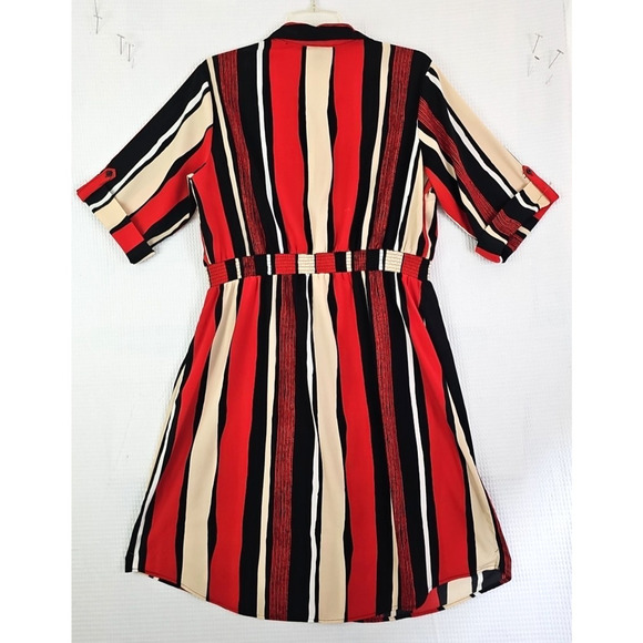 Millenium~Size XL~Red/Multicolor Striped Short Sleeve Button Dress Elastic Waist - Picture 11 of 13